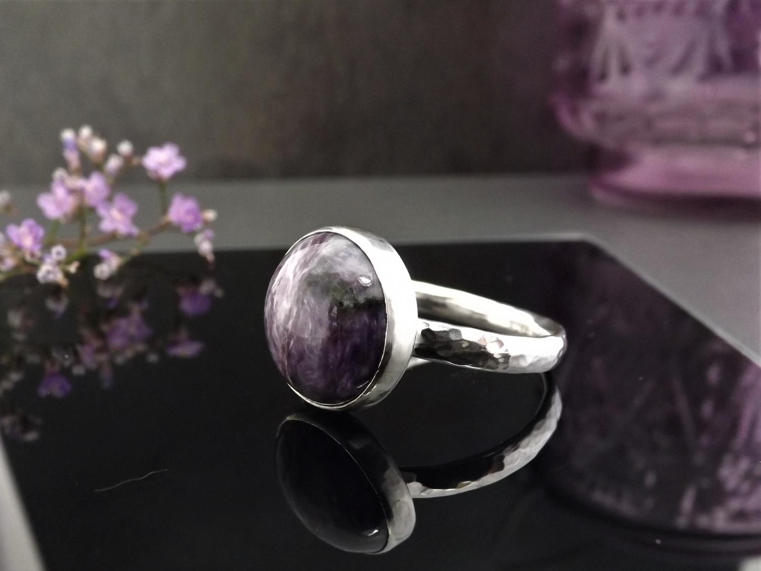 Charoite Hammered Silver Statement Ring, size V