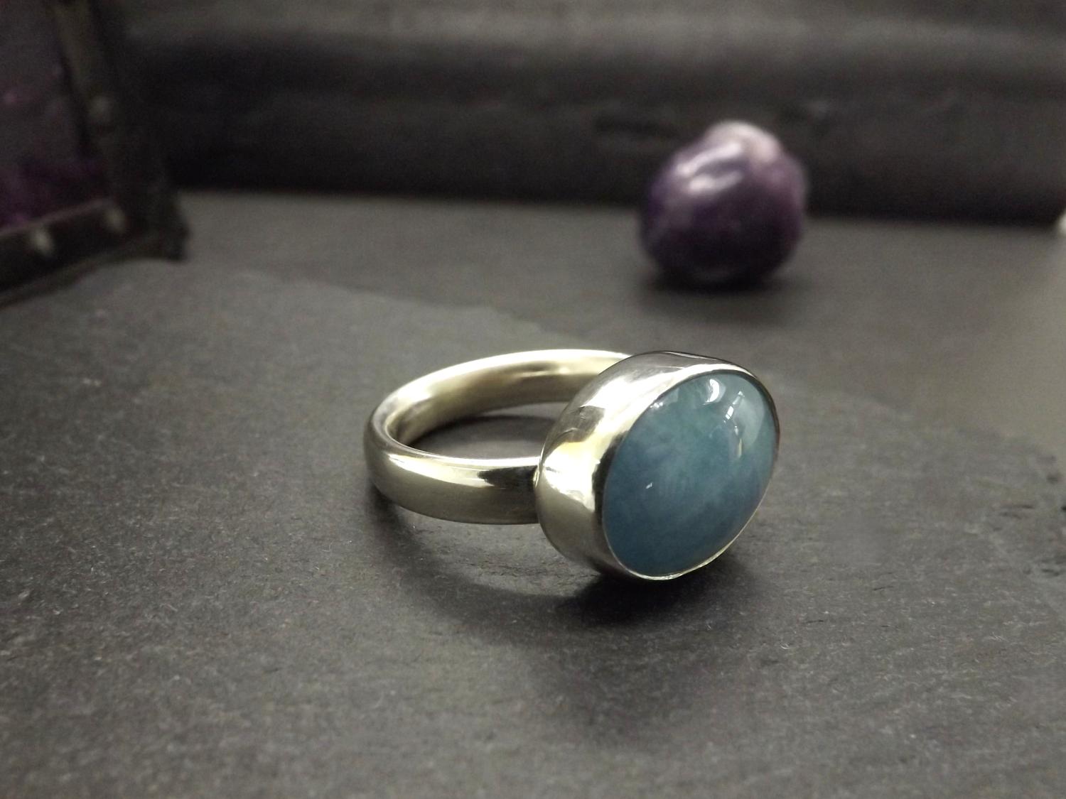 Aquamarine Chunky Silver Ring - size Q