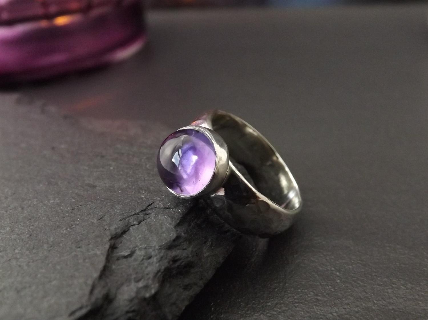 Amethyst Hammered Silver Ring size G