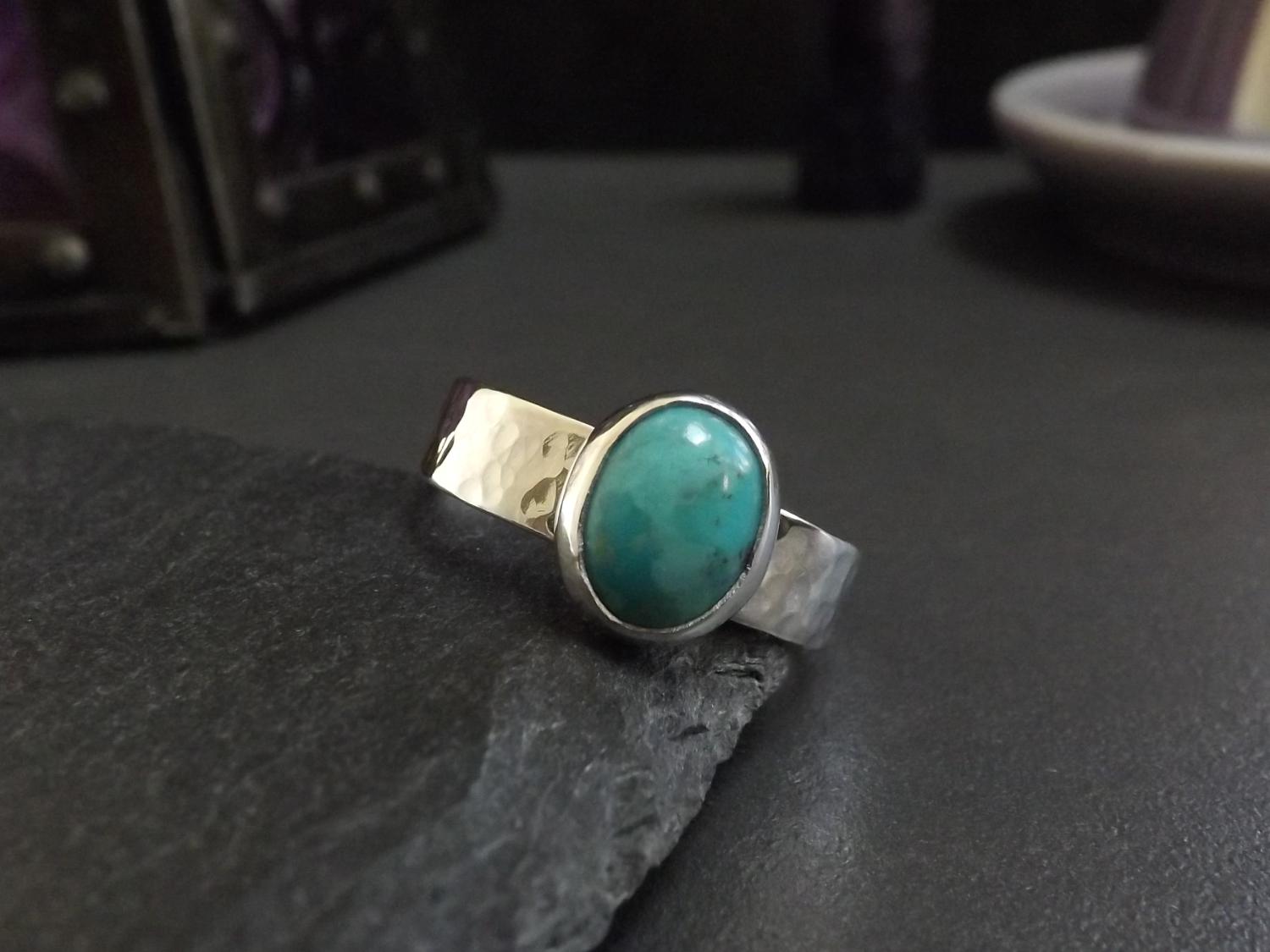 Turquoise Hammered Silver Ring - size T