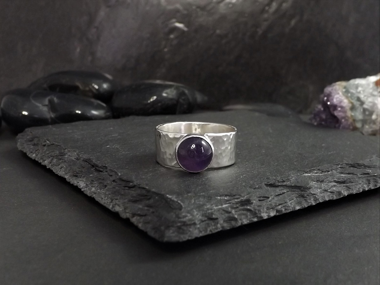 Amethyst Wide Hammered Silver Ring size O