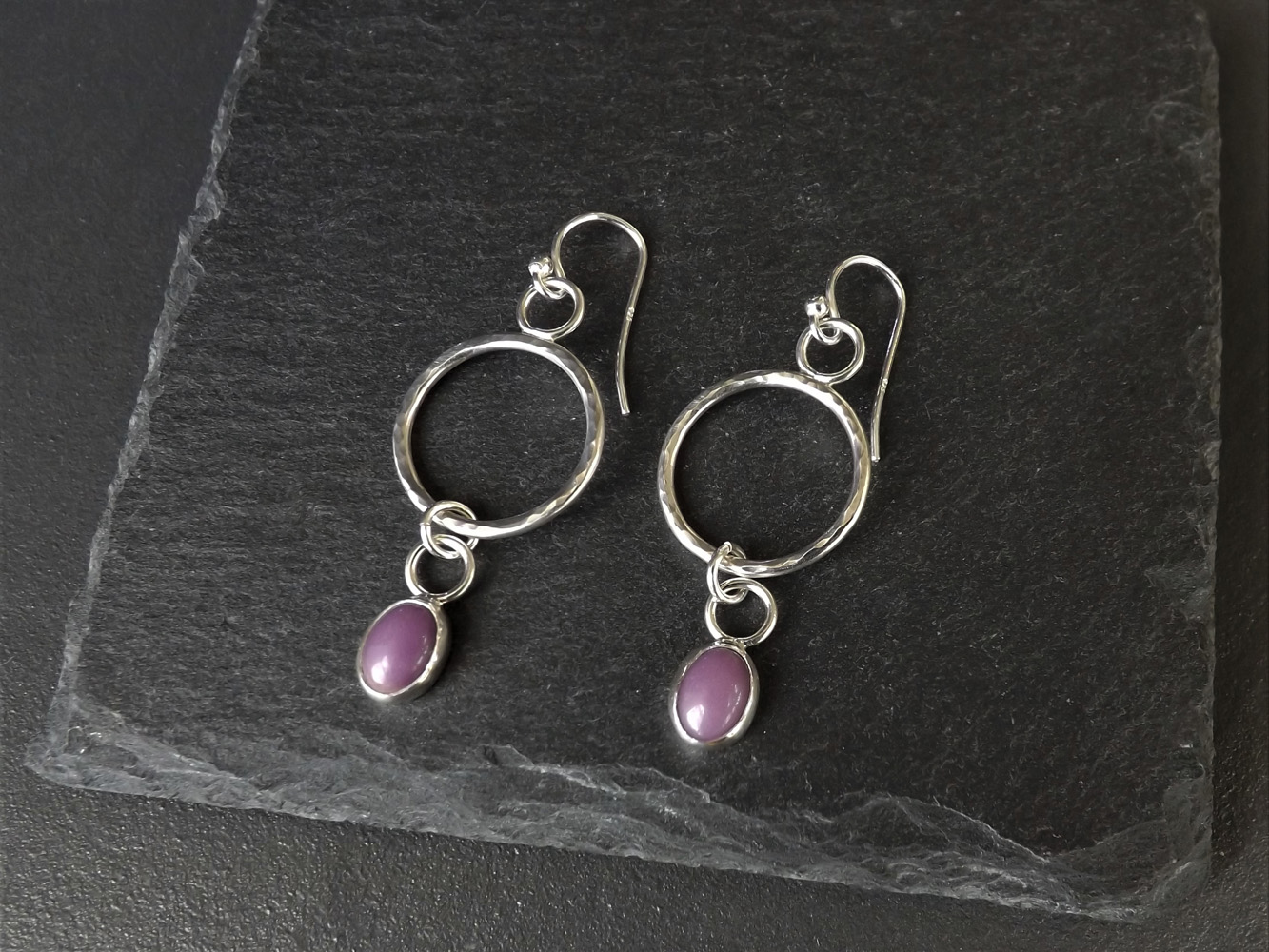 Phosphosiderite On Silver Hammered Hoops Dangly Earrings