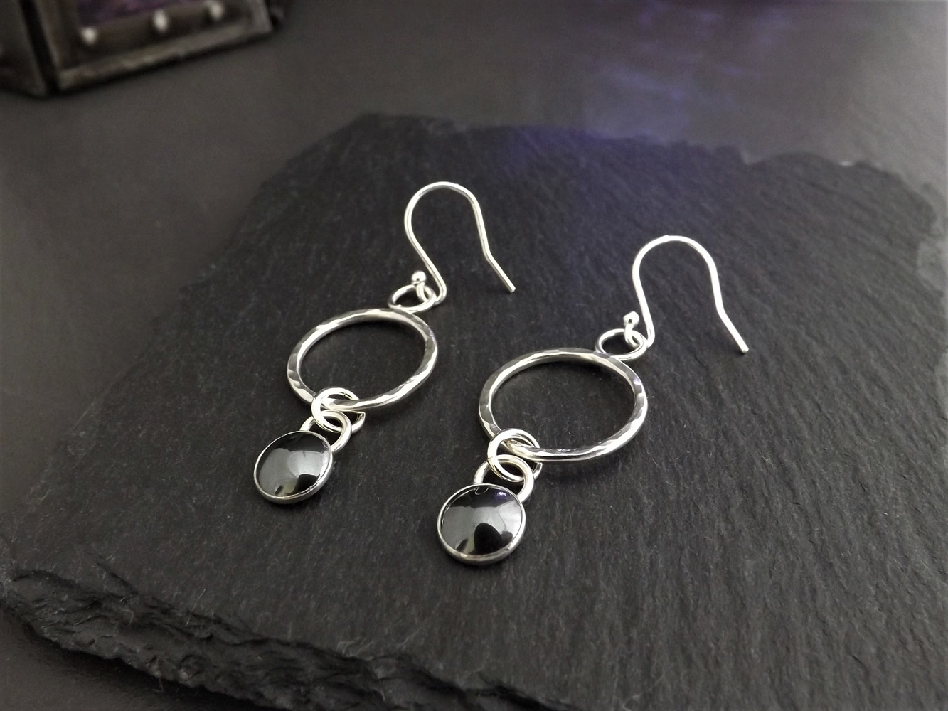 Haematite on Hammered Silver Hoops Dangly Earrings