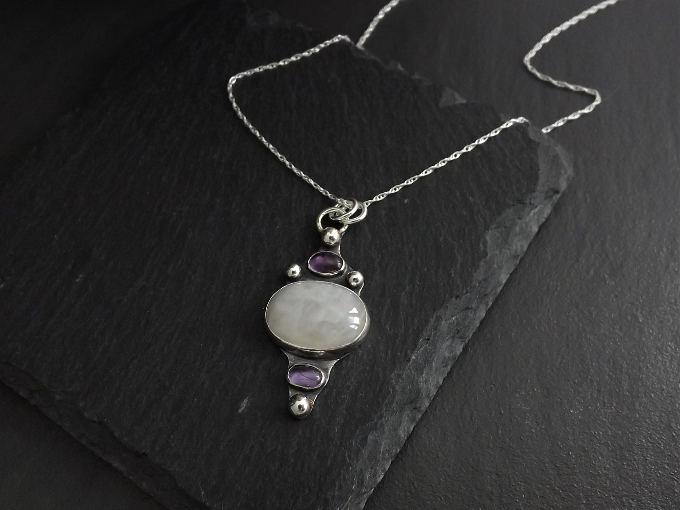 Gothic Moonstone & Amethyst Silver Pendant Necklace on 18